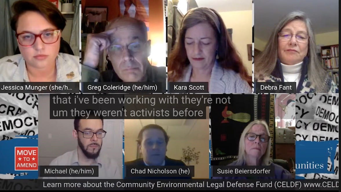 Image from 6:36 in the linked video: Chad Nicholson of the Community Environmental Legal Defense Fund (Pennsylvania): "...that I've been working with they're not, um, they weren't activists before..."