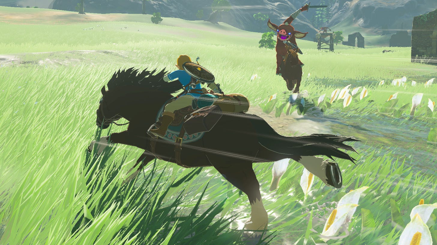 Link riding a horse away from an attacking Bokoblin.