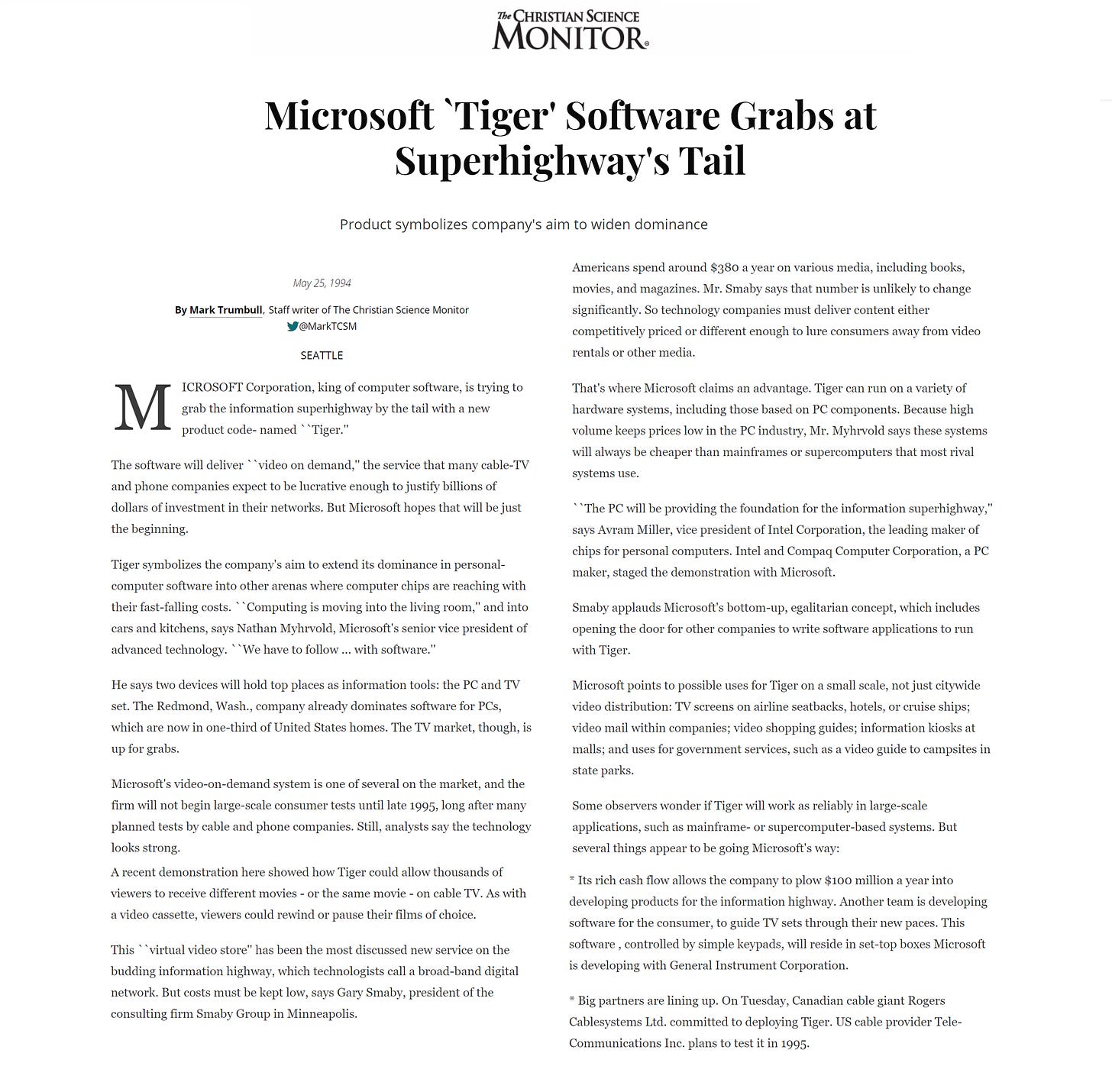 Microsoft 'Tiger' Software grabs at Superhighway's Tail - article from Christian Science Monitor
