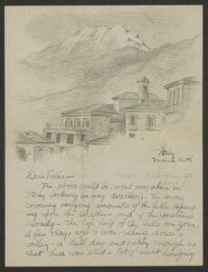 Handwritten letter displaying a pencil sketch of an Italian town at the top of the page.