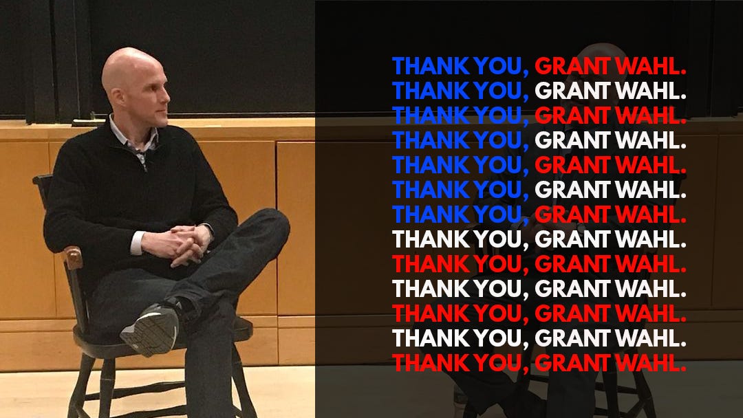 Grant Wahl seated with words "Thank you, Grant Wahl"