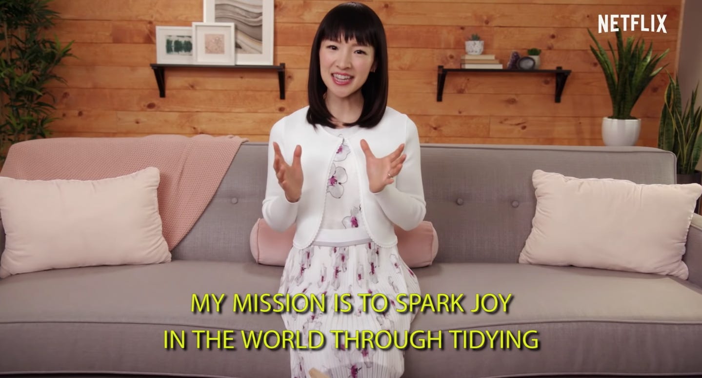 Screencap of Marie Kondo with the text "My mission is to spark joy in the world through tidying"