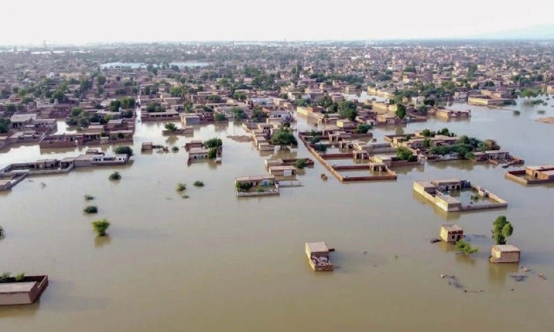 An aerial view shows a flooded residential area in Balochistan province.—AFP