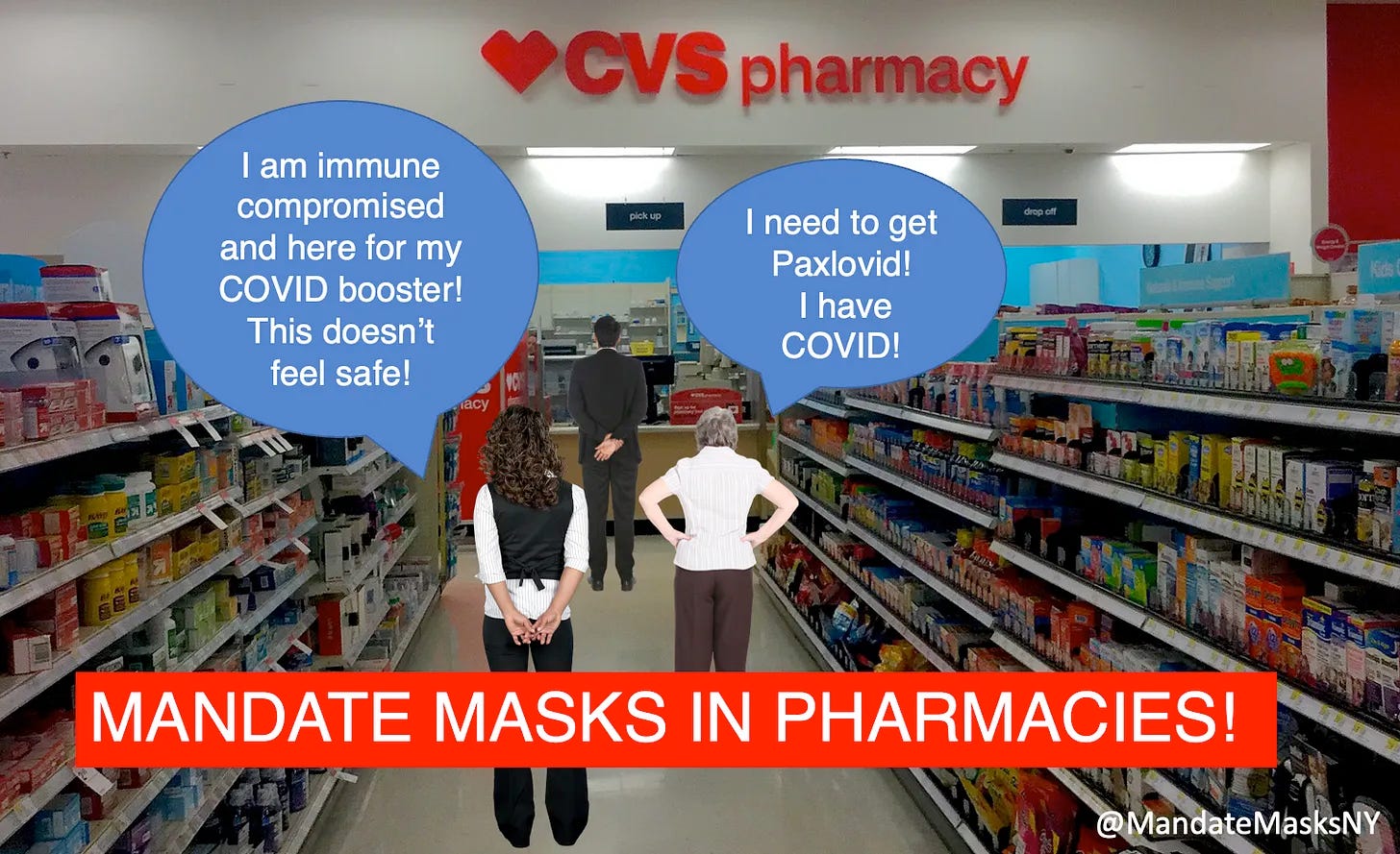 3 people are standing in line in the CVS Pharmacy drug store aisle, one person says I am immune compromised and here for my covid booster! This doesn’t feel safe! and the other person says I need to get paxlovid! I have covid! The caption reads Mandate Masks in Pharmacies! by @mandatemasksny