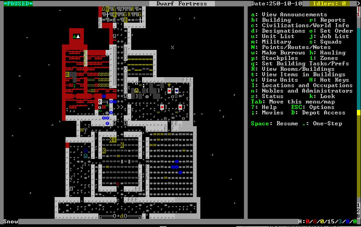 Screenshot of Dwarf Fortress showing an ASCII art fortress map and a complex menu of keyboard-triggered commands.