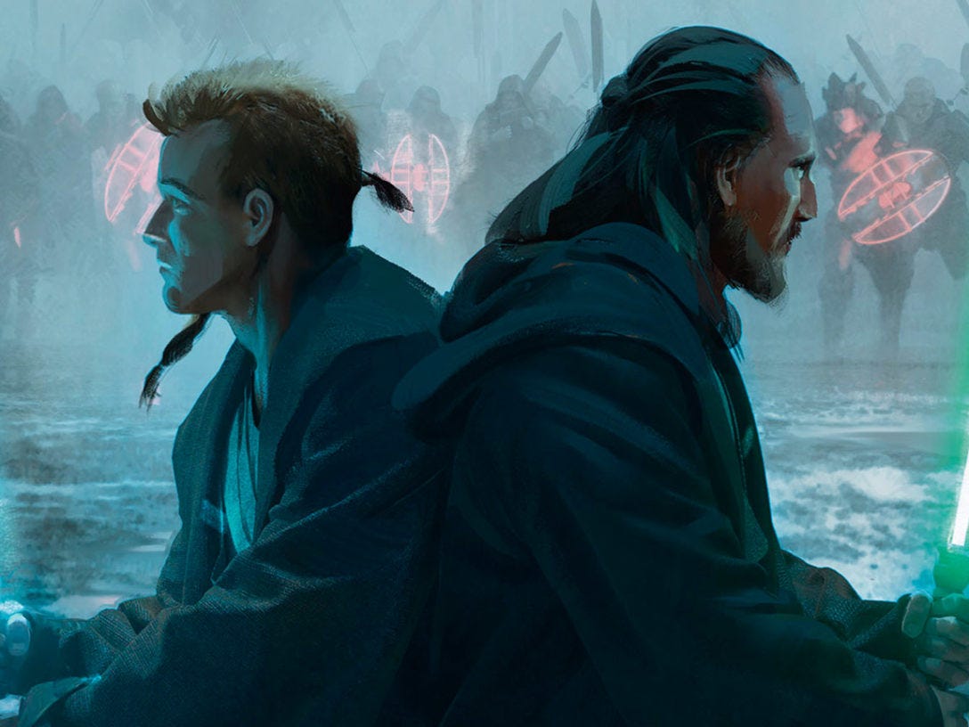 A scene from the novel when Qui-Gon and Obi-Wan are faced off with the supposed rebellion.