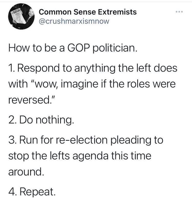 May be an image of text that says 'Common Sense Extremists @crushmarxismnow How to be a GOP politician. 1. Respond to anything the left does with "Wow, imagine if the roles were reversed." 2. Do nothing. 3. Run for re-election pleading to stop the lefts agenda this time around. 4. Repeat.'