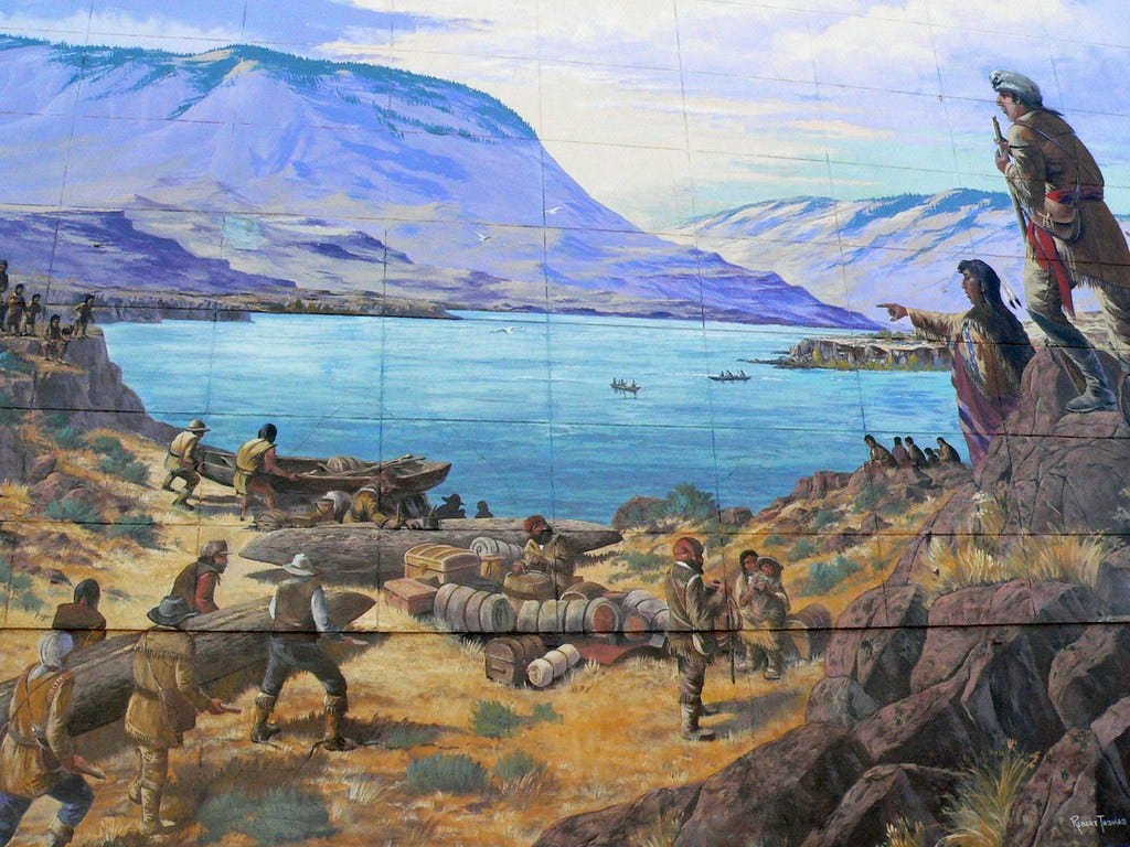 Oregon Trail Mural Lewis and Clark at Rock Fort by Robert Thomas in The Dalles Oregon