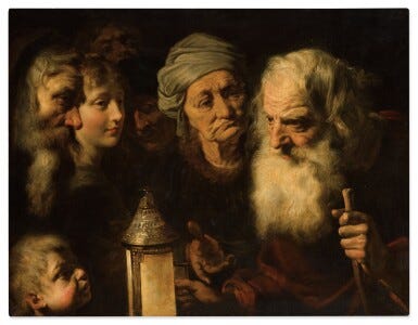Painting of Diogenes with his lantern looking for an honest man.