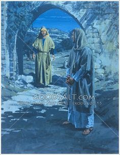 Nicodemus is coming to Jesus at night. Jesus is standing by a pathway with the light from the moon illuminating Nicodemus' path.