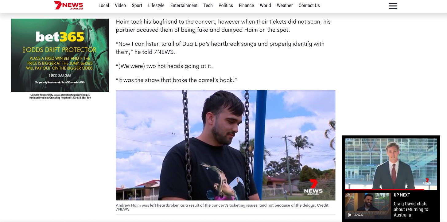 A screenshot of the 7 News article about "Andrew Haim"