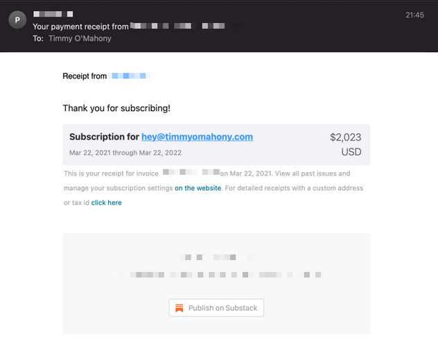 A screenshot of payment for a Substack newsletter subscription. The payment amount is $2,023.