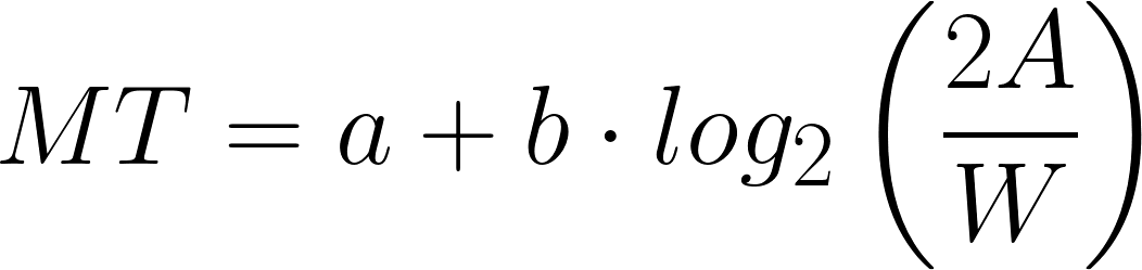Fitts' Law equation: MT = a + b log base 2 (2A / W)