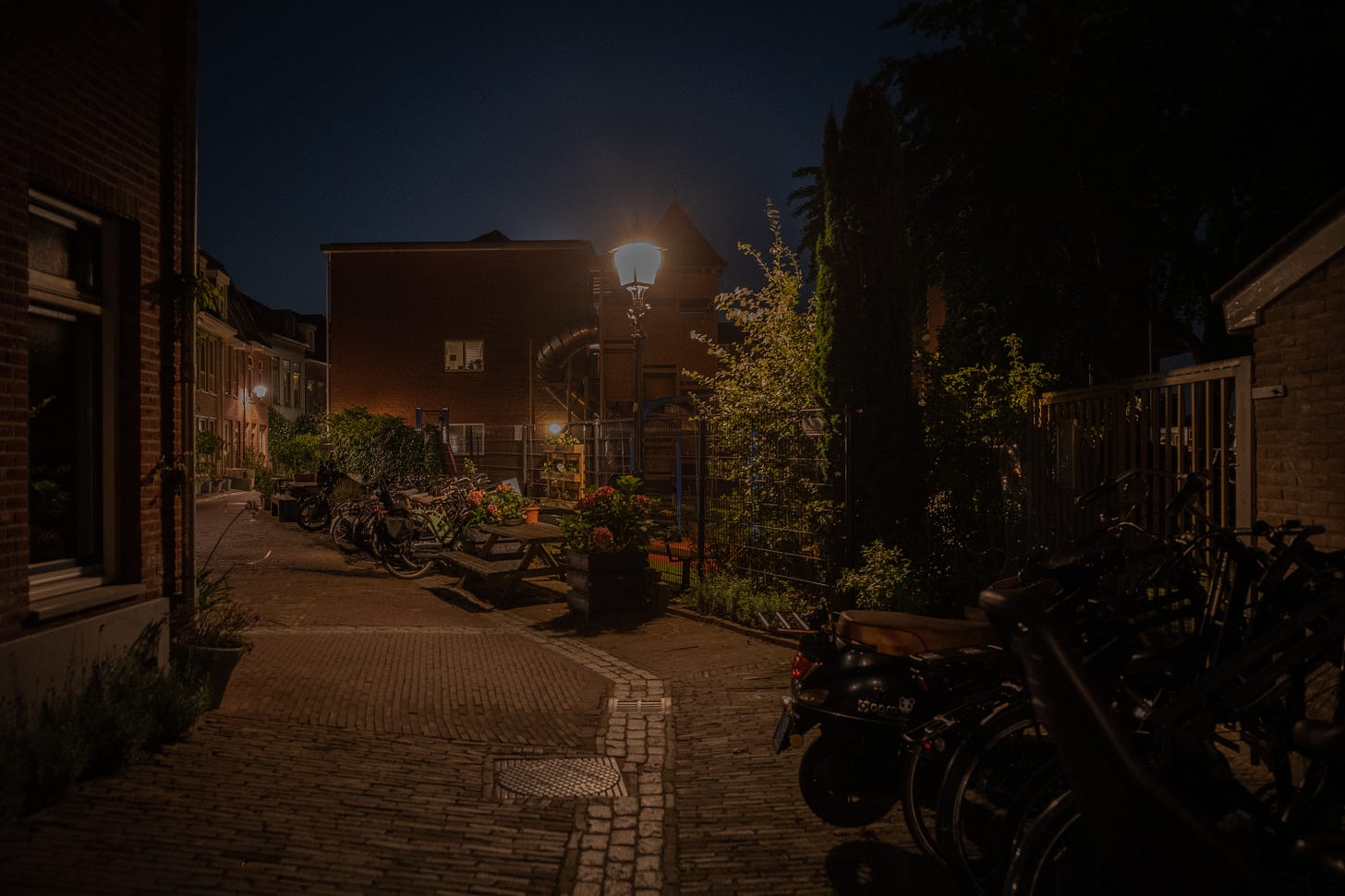 Haarlem street at night under a soft street lamp.