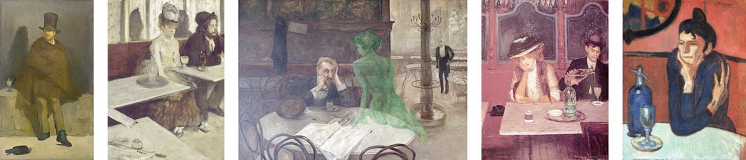 From left to right: The Absinthe Drinker by Édouard Manet; L’absinthe by Edgar Degas; The Absinthe Drinker by Viktor Oliva; The Drinkers by Jean Béraud; Absinthe Drinker by Pablo Picasso