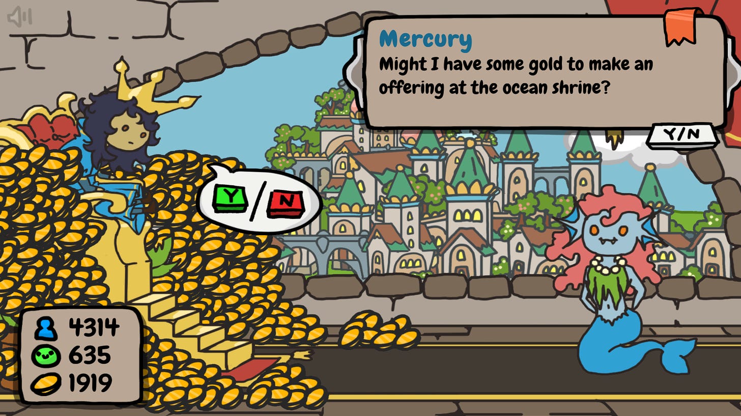 Ruler sits atop a throne, surrounded by money while talking to a mermaid creature. In the background is the town and greenery.