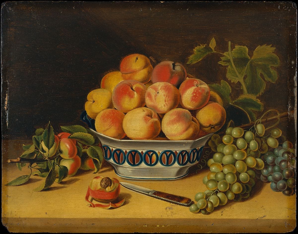 Still Life: Peaches and Grapes, John  A. Woodside (1781–1852), Oil on wood, American 