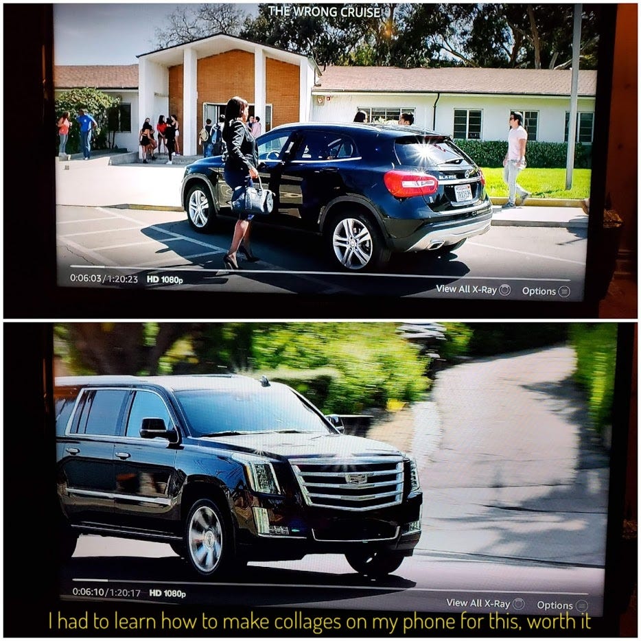 Top image: a woman getting into a black Mercedes SUV. Bottom image: a black Escalade driving down a residential street. Captioned: "I had to learn how to make collages on my phone for this, worth it"