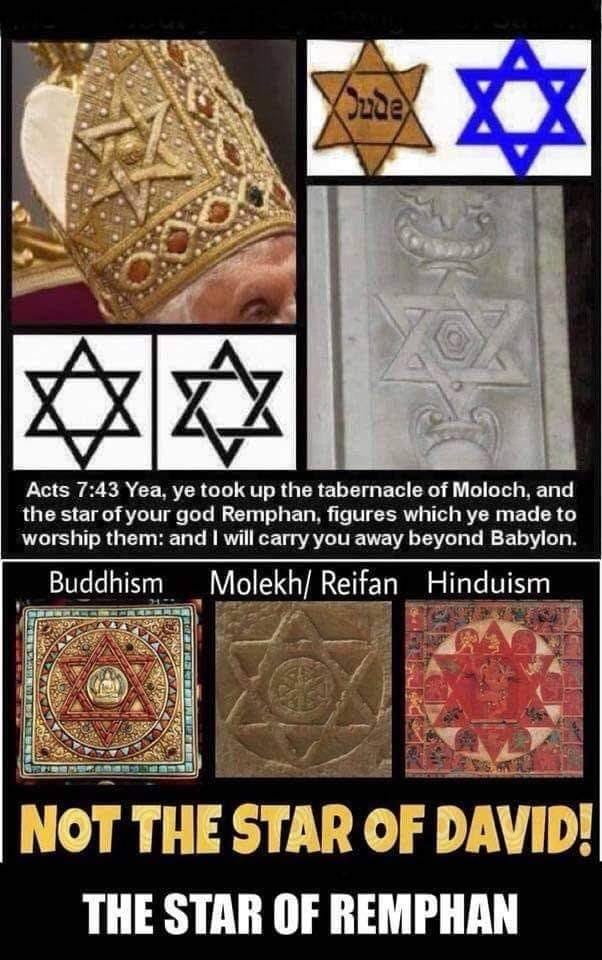 May be an image of text that says "XX Acts 7:43 Yea, ye took up the tabernacle of Moloch, and the star ofyour ofy god Remphan, figures which ye made to worship them: and will carry you away beyond Babylon. Buddhism Molekh Reifan Hinduism NOT THE STAR OF DAVID! THE STAR OF REMPHAN"