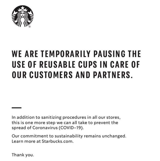 Starbucks bans the use of reusable cups due to covid