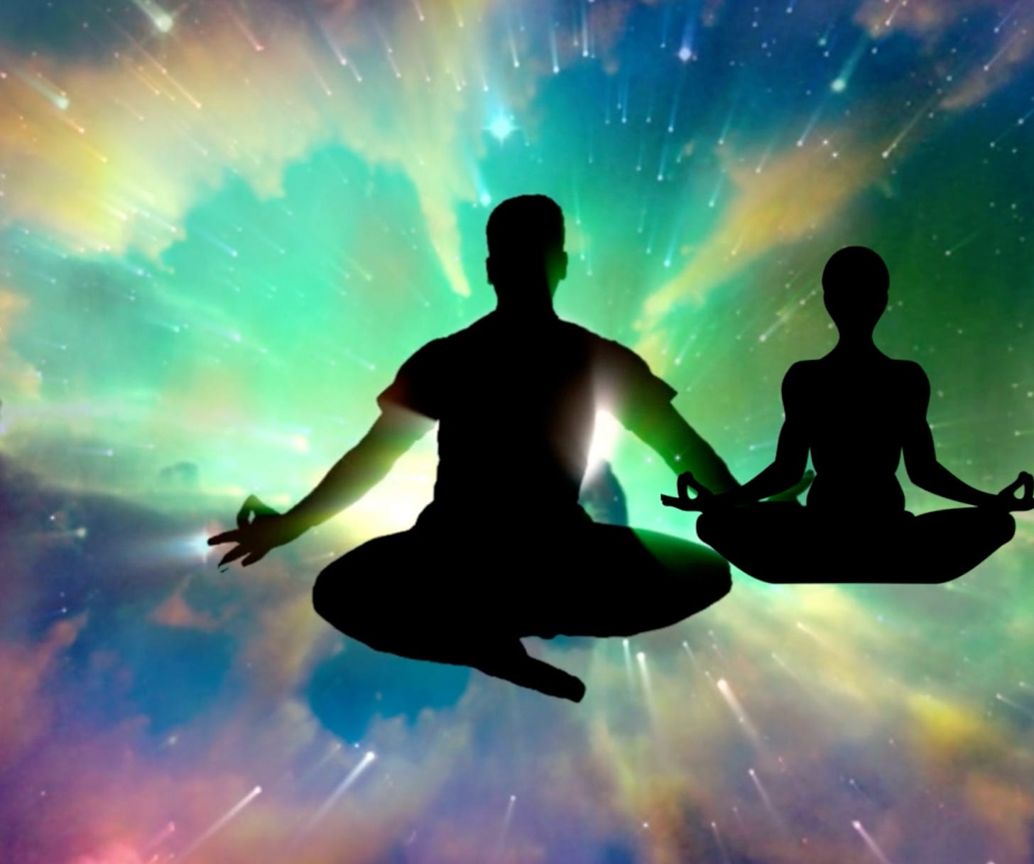 The image shows two silhouette figures sitting and meditating in a sparkling mesmerising background. The image is part of the article titled "Bhagavad Gita and Meditation: Immunity in times of pandemic" authored by Anish Prasad and published at https://rationalastro.org