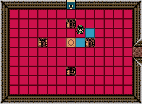 A rectangular room with a 9 by 13 grid of squares on the floor, most of which are red, but two are blue. Four statues block individual tiles. A yellow tile is present near the center of the grid. An open entrance is present on the right wall, and a locked exit door is present on the top wall. A character named Link is standing near the two blue tiles, but choosing to move to either one makes the other unreachable.