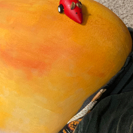 Looped photo animation of a painted orange pregnant belly with red objects like a toy mouse, plastic egg, and peeler rolling down it continuously.