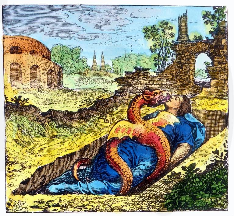 ALCHEMY Plate 50 from Michael Maier s Atalanta fugiens of 1618 The dragon  (symbol of Sulphur, the Will