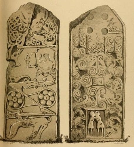 19th-century sketches of the two main faces of the Princess Stone, a class II Pictish symbol stone. A. Mack's Field Guide to the Pictish Symbol Stones reads: "[Below] the cross are figures. On the reverse the lower of two panels holds an elephant over a crescent and V-rod below which are a double disc and Z-rod and another elephant.To the left of the upper symbols are the figure of a hooded crossbowman and of a hound."