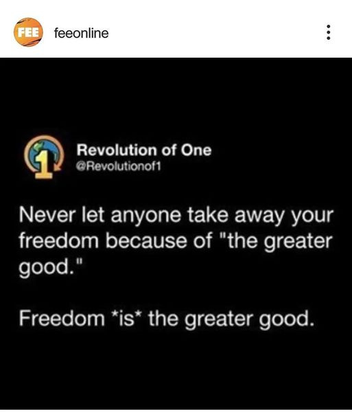 May be an image of text that says 'FEE feeonline Revolution of One @Revolutionof1 Never let anyone take away your freedom because of "the greater good." Freedom *is* the greater good.'