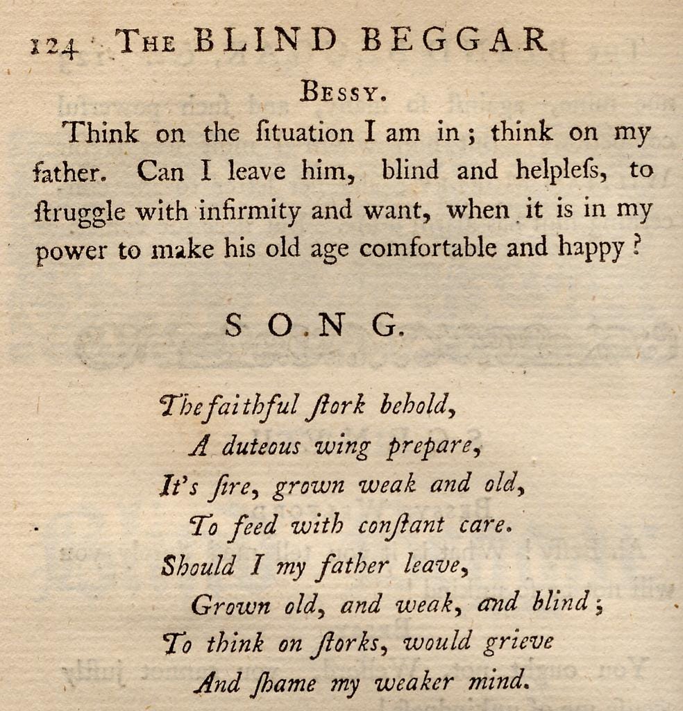 “The Blind Beggar of Bethnal Green”, impresso em 1745, com várias ocorrências do “s” longo.