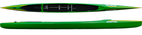 side view and top-down view of a green racing canoe, a very skinny and long boat with not seats