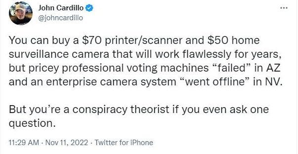 May be an image of text that says 'John Cardillo @johncardillo You can buy a $70 rinter/scanner and $50 home surveillance camera that will work flawlessly for years, but pricey professional voting machines "failed" in AZ and an enterprise camera system "went offline" in NV. But you're a conspiracy theorist if you even ask one question. 11:29 AM Nov 11. 2022. Twitter for iPhone'