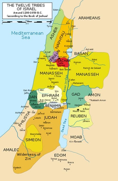 Map of the twelve tribes of Israel – the land was divided by a lottery. (Kordas / CC BY-SA 3.0)