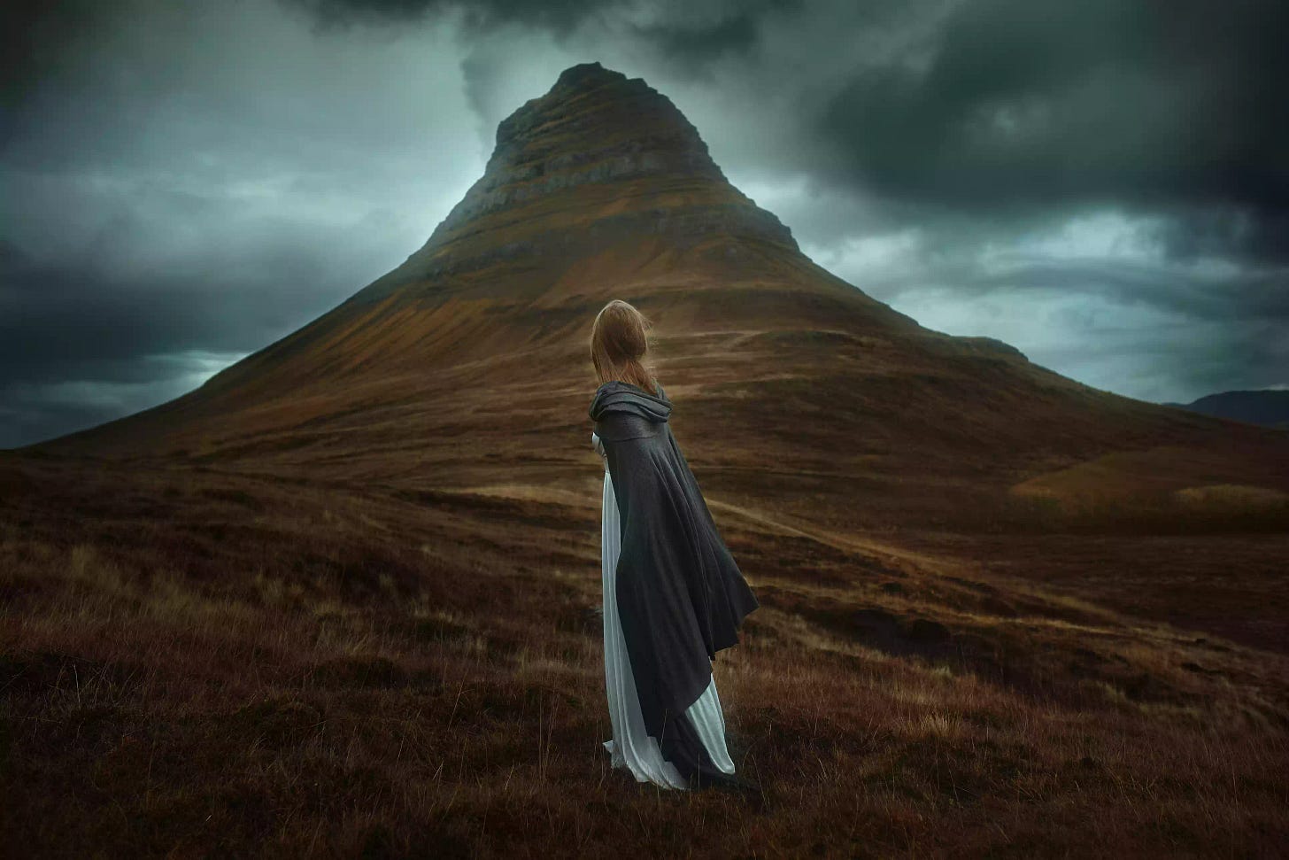 Young Woman In long dress standing in a field in Iceland