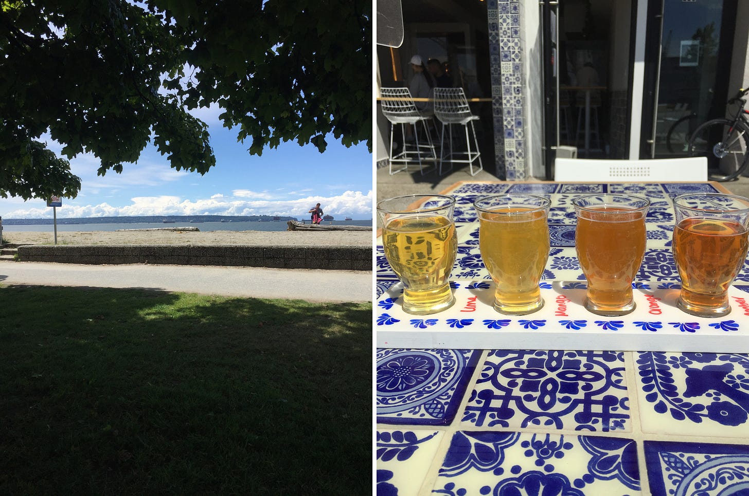 Left image: a tree canopy and a patch of grass in the foreground, a sunny beach and a sliver of ocean in the background. Right image: a flight of four beers on an outdoor table made of blue and white Mexican tiles.