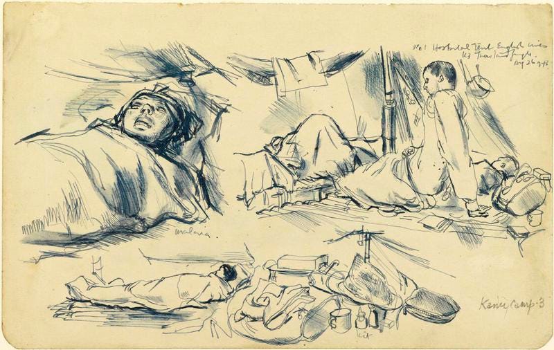 File:Sick and Dying- Sketched in No.1 Hospital Tent, English Lines, Camp K3, Thailand, 26 August 1943 verso- Malayan Refugees, 1942 Art.IWMART1574794a.jpg