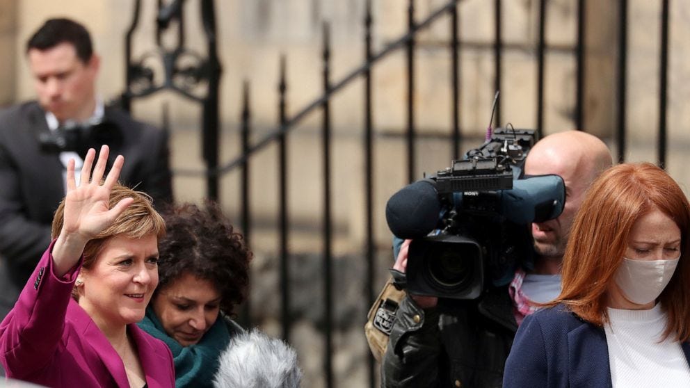 Scotland's First Minister and Scottish National Party leader Nicola Sturgeon poses for photographers, at Bute House in Edinburgh, Scotland. Sunday, May 9, 2021. British Prime Minister Boris Johnson has invited the leaders of the U.K.’s devolved natio
