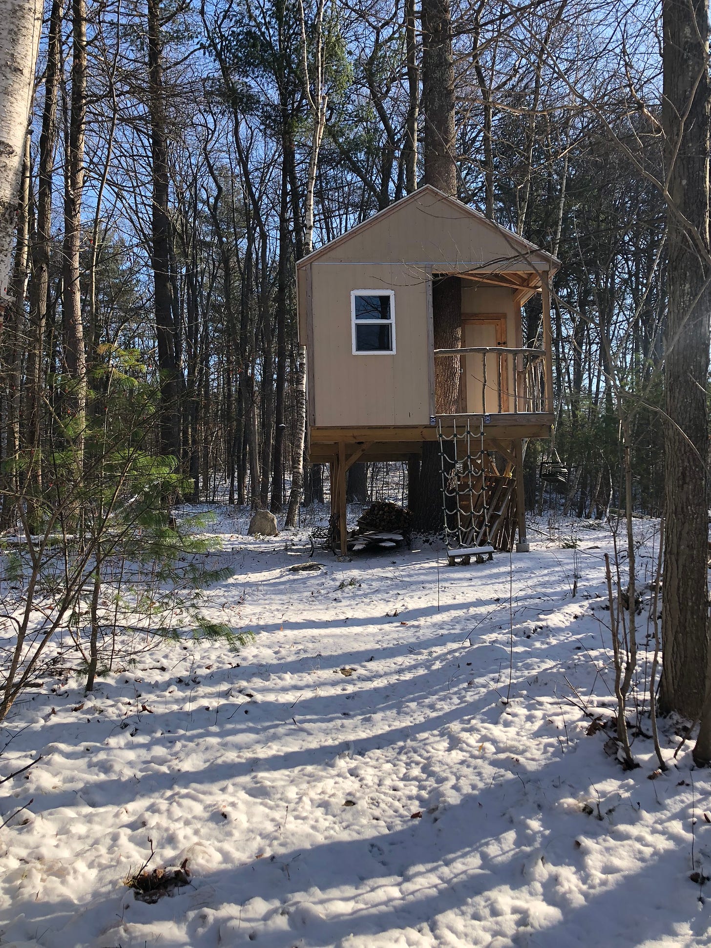 a large treehouse nestled in a snowy wooded area in the daytime