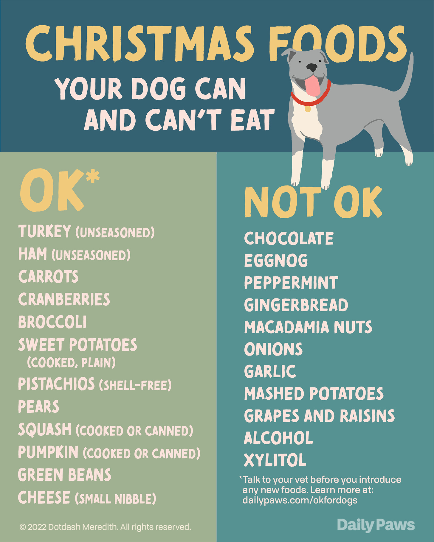 infographic with list of Christmas Foods dogs can and can't eat