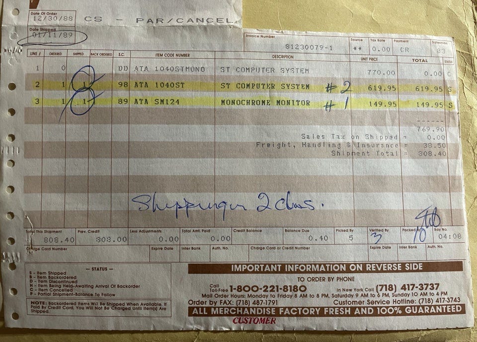 r/atarist - Found the receipt for the 1040ST I purchased in 1988 (from J&R)!