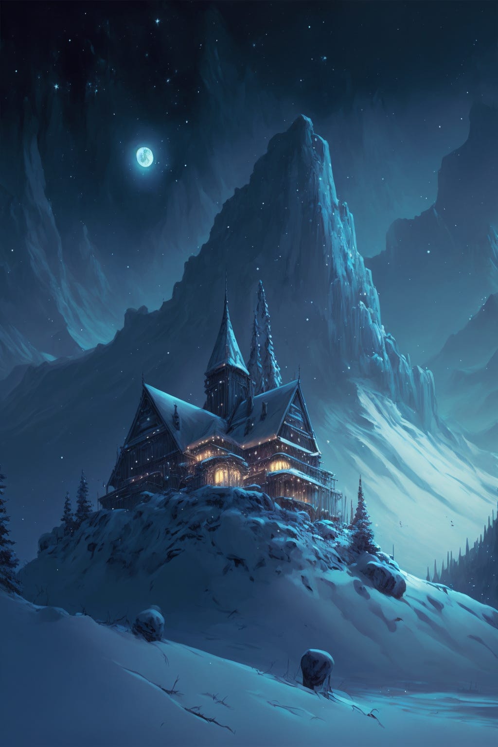 Illustration of a santas palace on a mountain in a dreamlike snow paradise, bright starry night sky, by Noah Bradley