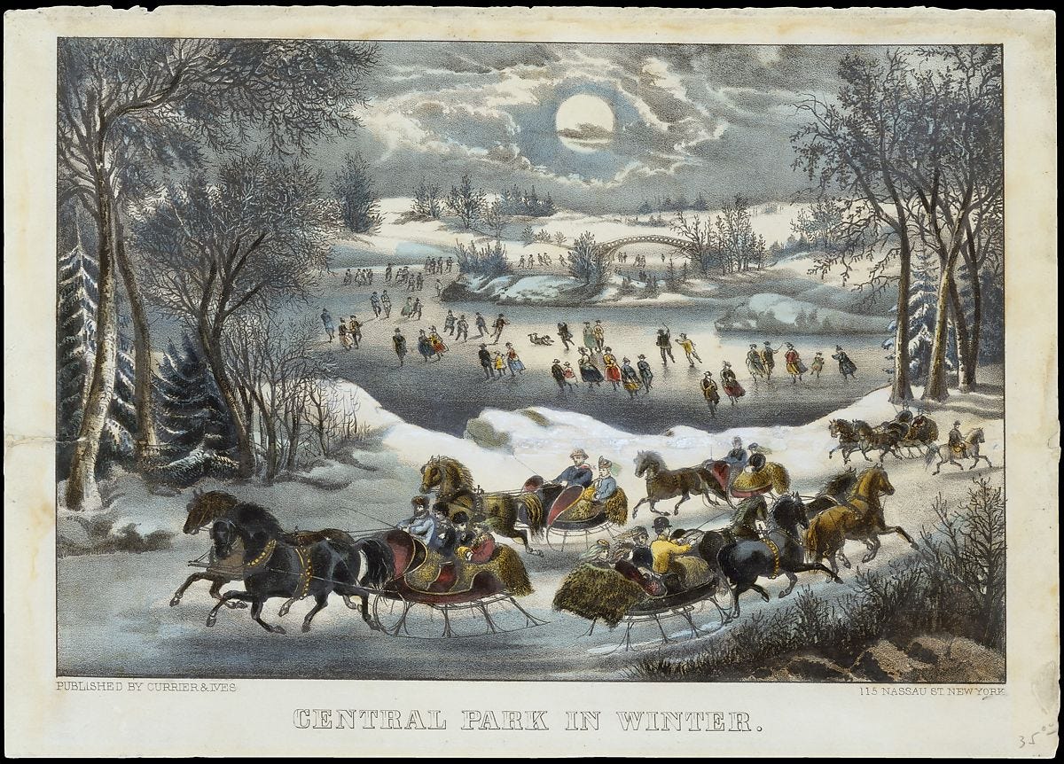 Central Park in Winter, Currier &amp; Ives (American, active New York, 1857–1907), Hand-colored lithograph 