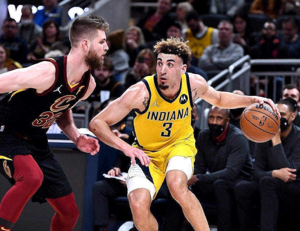 Pacers guard Chris Duarte drives on the Cavaliers.