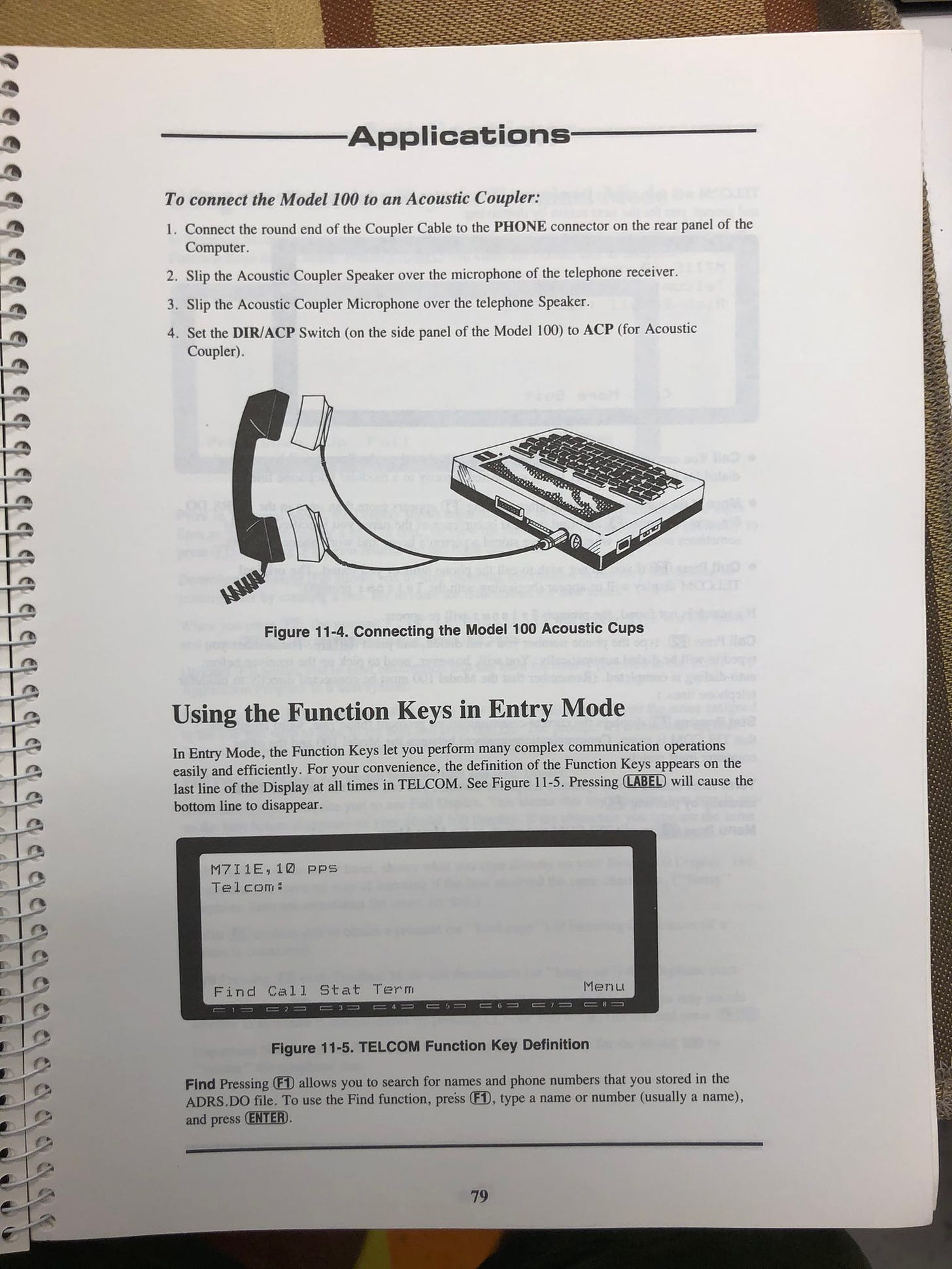 Applications page from the Model 100 manual, details connecting the portable computer to an acoustic coupler with illustrations