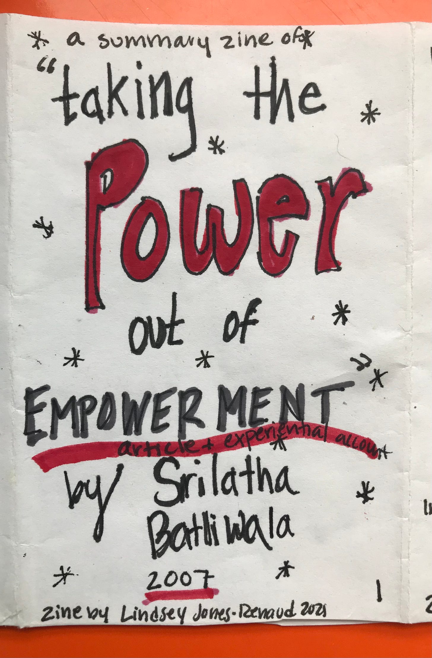 Image of page 1 of a zine about the article "taking power out of empowerment"