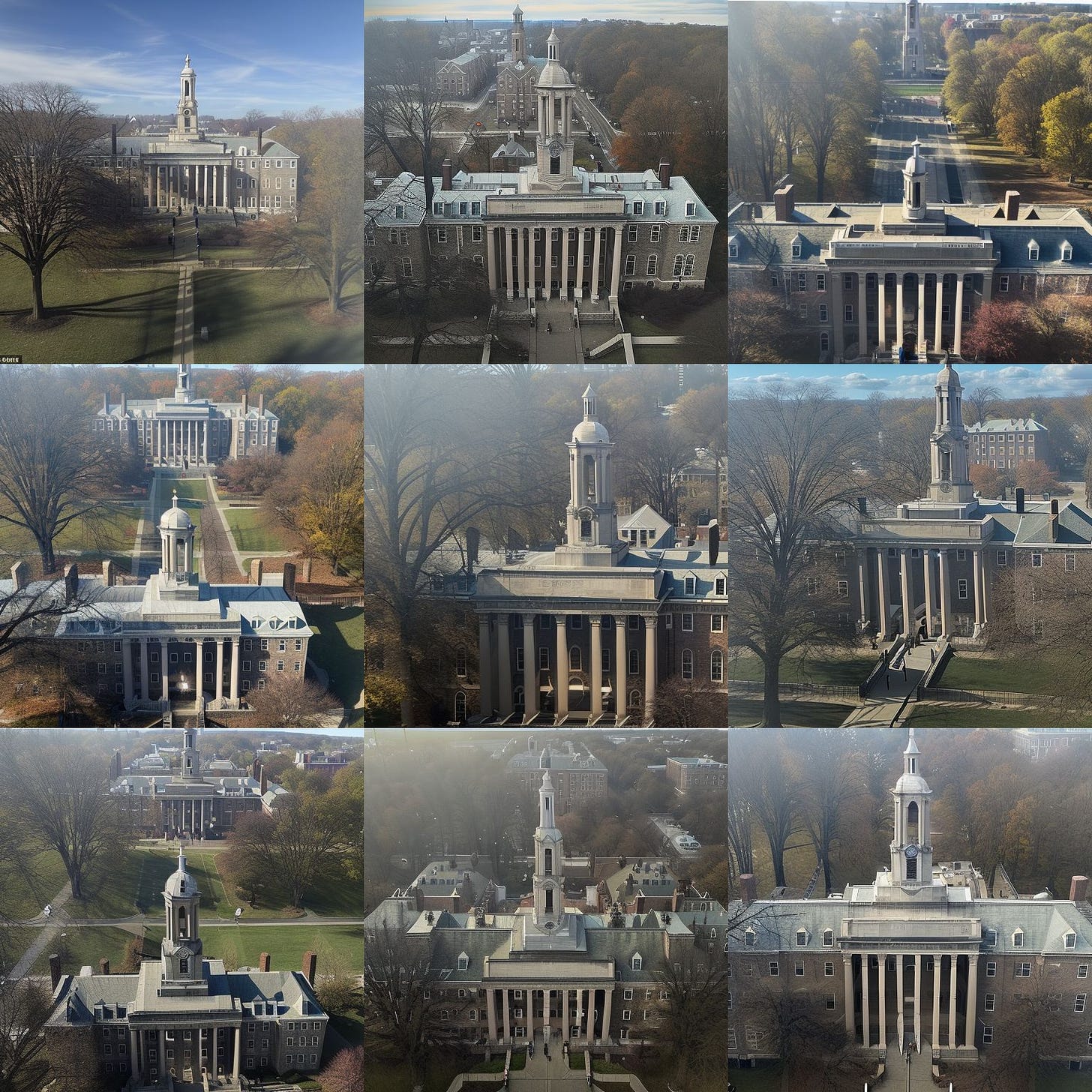 'looking down on old-main from a drone'