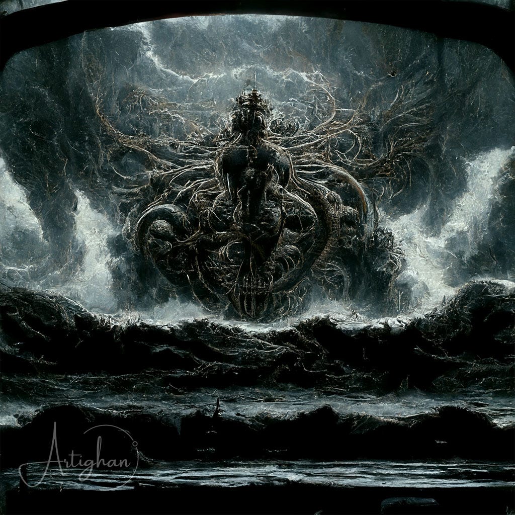 Poseidon overlooking a stormy sea