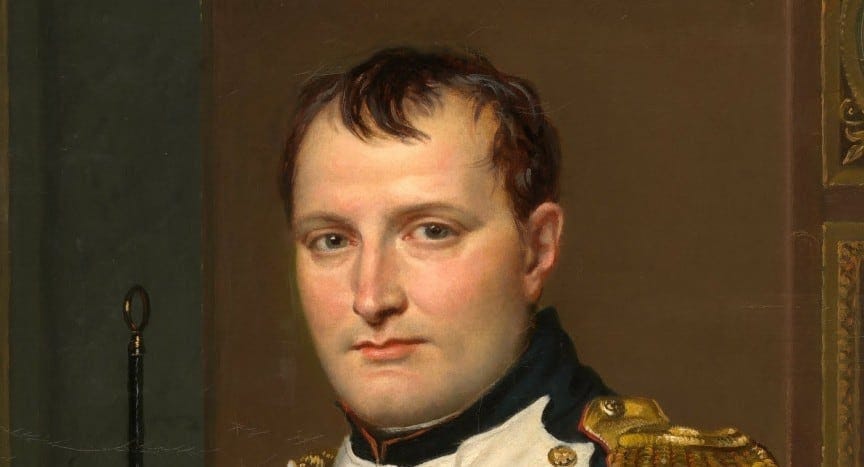 Napoleon Bonaparte's head looks at the viewer. Balding, he seems arrogant and has a very small mouth.
