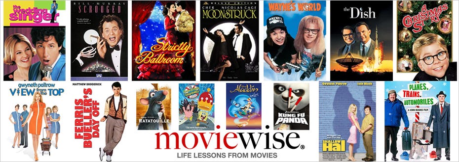 A collection of 15 movie posters for popular comedies with the words ‘moviewise: Life Lessons From Movies’ in the center.